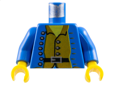 973p39c01 - Torso Pirate Jacket Open with Silver Buttons over Brown Shirt, Black Belt with Buckle, Yellow Neck Pattern / Blue Arms / Yellow Hands