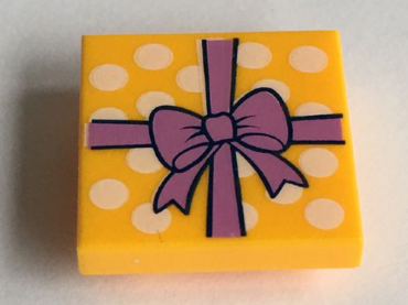 11203pb012 - Tile, Modified 2 x 2 Inverted with Gift Wrap Medium Lavender Bow and White Dots Pattern