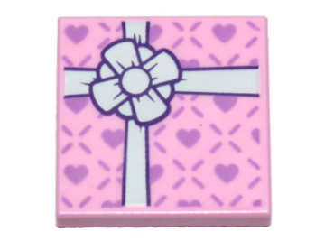 11203pb035 - Tile, Modified 2 x 2 Inverted with Gift Wrap White Bow and Small Lavender Hearts Pattern