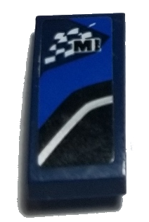 11477pb111L - Slope, Curved 2 x 1 x 2/3 with Letter M on Checkered Flag and Black, Blue and White Stripes Pattern Model Left Side (Sticker) - Set 75885