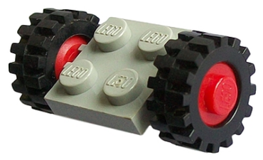 122c01assy2 - Plate, Modified 2 x 2 with Red Wheels with Black Tires 15mm D. x 6mm Offset Tread Small (122c01 / 3641)