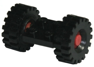 122c01assy3 - Plate, Modified 2 x 2 with Red Wheels with Black Tires 21mm D. x 9mm Offset Tread Medium (122c01/ 4084)