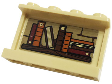 14718pb043 - Panel 1 x 4 x 2 with Side Supports - Hollow Studs with Wooden Shelf with 9 Dark Orange, Dark Red and Reddish Brown Books Pattern on Inside (Sticker) - Set 76382
