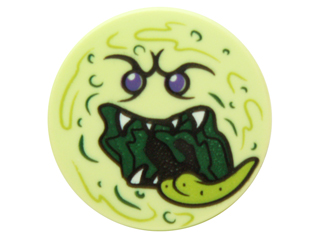 14769pb051 - Tile, Round 2 x 2 with Bottom Stud Holder with Ghost Face with Dark Purple Eyes, Dark Green Open Mouth, White Sharp Teeth, and Lime Tongue Pattern