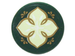 14769pb062 - Tile, Round 2 x 2 with Bottom Stud Holder with Light Green Leaf with Four Petals and Gold Edges on Transparent Background Pattern (Sticker) - Set 41072