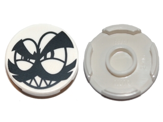 14769pb079 - Tile, Round 2 x 2 with Bottom Stud Holder with Black Squinting Eyes, Moustache, Eyebrows and Grin with Sharp Teeth (Nixel Face) Pattern