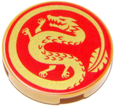 14769pb319 - Tile, Round 2 x 2 with Bottom Stud Holder with Gold Dragon on Red Background Pattern