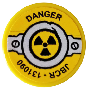 14769pb336 - Tile, Round 2 x 2 with Bottom Stud Holder with 'DANGER', 'JBCR - 131090', Rivets and Nuclear Symbol Pattern (Sticker) - Set 76078