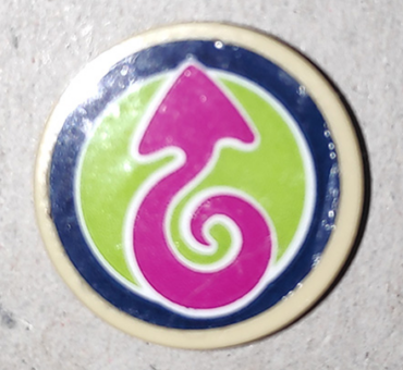 14769pb358 - Tile, Round 2 x 2 with Bottom Stud Holder with Magenta Arrow on Lime Background with Dark Blue Border Pattern (Sticker) - Set 41173