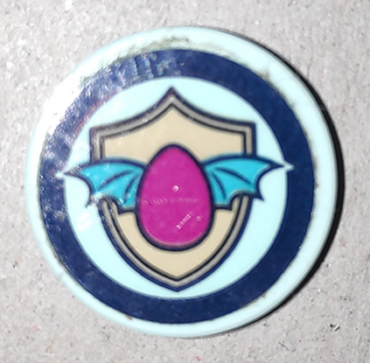 14769pb360 - Tile, Round 2 x 2 with Bottom Stud Holder with Winged Magenta Egg and Tan Shield on Light Aqua Background with Dark Blue Border Pattern (Sticker) - Set 41173