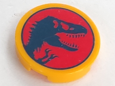 14769pb463 - Tile, Round 2 x 2 with Bottom Stud Holder with Jurassic World Logo, Dark Blue Dinosaur Skull Silhouette on Red Background Pattern