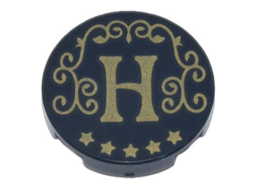 14769pb497 - Tile, Round 2 x 2 with Bottom Stud Holder with Gold Capital Letter H, Filigree, and Stars Pattern