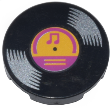 14769pb571 - Tile, Round 2 x 2 with Bottom Stud Holder with Vinyl Record with Bright Light Orange and Magenta Center and Musical Notes Pattern