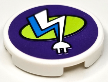 14769pb642 - Tile, Round 2 x 2 with Bottom Stud Holder with Dark Azure and White Electric Charging Point Lightning Bolt and Lime Oval on Dark Purple Background Pattern (Sticker) - Set 41350