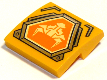 15068pb105 - Slope, Curved 2 x 2 x 2/3 with Bright Light Yellow Bull Head on Orange Hexagonal Shield with Silver Border Pattern