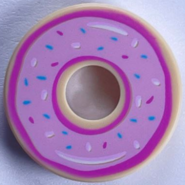 15535pb07 - Tile, Round 2 x 2 with Hole with Donut / Doughnut with Bright Pink Donut Frosting and Sprinkles Pattern