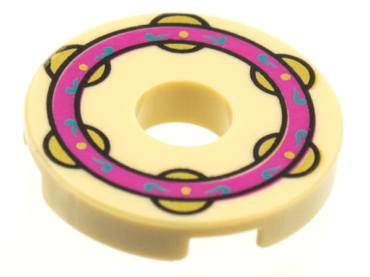 15535pb08 - Tile, Round 2 x 2 with Hole with Magenta Ring with Dark Azure Filigree and Gold Jingles Pattern (Musical Instrument, Tambourine)