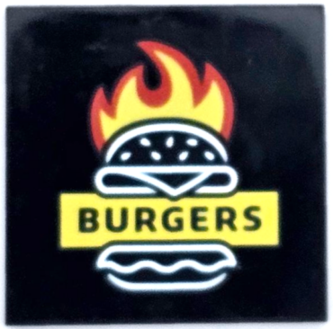 1751pb012 - Tile 4 x 4 with Red and Yellow Flames, White Burger Outline and 'BURGERS' Pattern