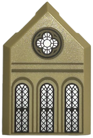 22385pb309 - Tile, Modified 2 x 3 Pentagonal with Ornate Round and 3 Arched Silver Windows with Dark Brown Lattice, Dark Tan Arches and Lines Pattern