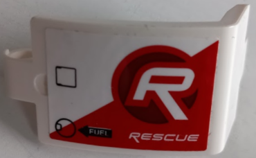 24116pb031L - Technic, Panel Curved 3 x 5 x 3 with 'RESCUE', 'FUEL' on Black Arrow, Fuel Inlet, and Hatch on Red and White Stripe Pattern Model Left Side (Sticker) - Set 42092