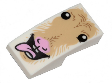 24201pb001 - Slope, Curved 2 x 1 x 2/3 Inverted with Tan Fur, Eyes, Open Mouth, Bright Pink Tongue and Nose Pattern (Goat Face)