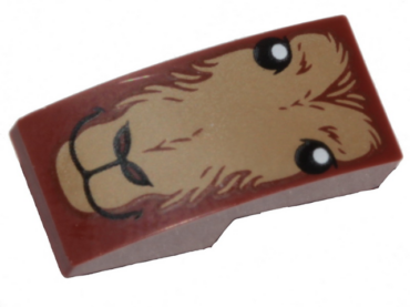 24201pb002 - Slope, Curved 2 x 1 x 2/3 Inverted with Dark Tan Fur, Eyes, Closed Mouth and Nostrils Pattern (Goat Face)