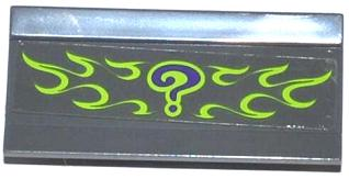 2440pb017 - Vehicle, Spoiler / Plow Blade 6 x 3 with Hinge with Dark Purple Question Mark and Lime Flames Pattern (Sticker) - Set 76012