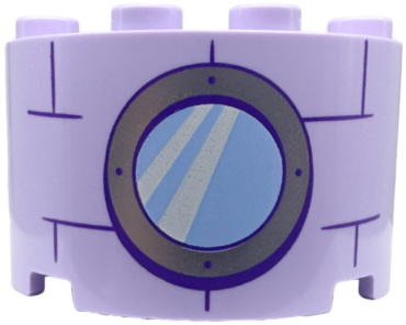 24593pb16 - Cylinder Half 2 x 4 x 2 with 1 x 2 Cutout with Bright Light Blue Round Window with Silver Frame and Dark Purple Bricks Pattern