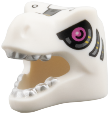 2523pb03 - Minifigure, Headgear Head Cover, Costume Tyrannosaurus rex / Dragon with Dark Pink Eyes, Silver Teeth and Panels, Black and Gold Trim Pattern