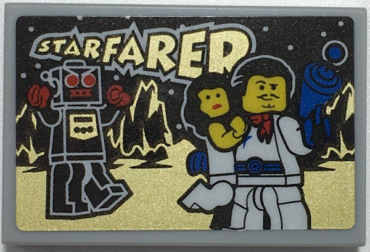 26603pb160 - Tile 2 x 3 with Gold 'STARFARER', Robot and Minifigures with Ray Gun Pattern (Sticker) - Set 70657
