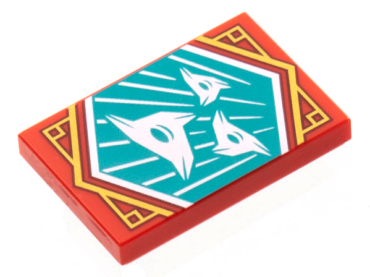 26603pb211 - Tile 2 x 3 with White 3-Pointed Shuriken on Dark Turquoise Background with Gold Trim Pattern (Ninjago Surprise Banner)