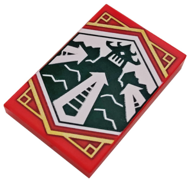 26603pb217 - Tile 2 x 3 with White Arrows Pointing at Dojo Temple on Dark Green Background with Gold Trim Pattern (Ninjago Adaptability Banner)