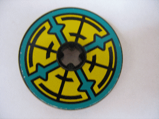 2723pb031 - Technic, Disk 3 x 3 with Dark Turquoise, Yellow and Black Pattern on Both Sides (Stickers) - Set 8269