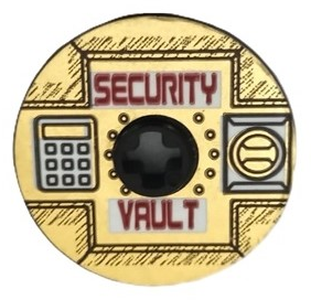 2723pb051 - Technic, Disk 3 x 3 with Dark Red 'SECURITY VAULT' on Gold Background Pattern (Sticker) - Set 8107