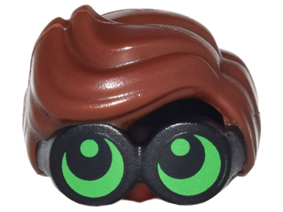 28149pb03 - Minifigure, Hair Combo, Large Thick Glasses with Reddish Brown Hair, Parted and Wavy with Bright Green Lenses, Pupils Looking Up Pattern