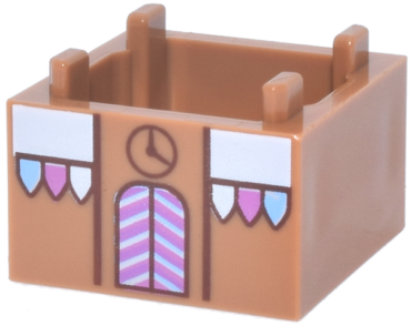2821pb07 - Container, Box 2 x 2 x 1 - Top Opening with Raised Inner Bottom with Gingerbread House, Bright Pink, Bright Light Blue and White Awning, Icing and Striped Door and Reddish Brown Clock Pattern