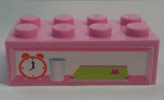 3001pb116 - Brick 2 x 4 with Alarm Clock, Glass and Book Pattern (Sticker) - Set 7586