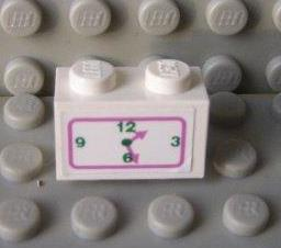 3004pb082 - Brick 1 x 2 with Dark Pink and Green Clock Pattern (Sticker) - Set 5895