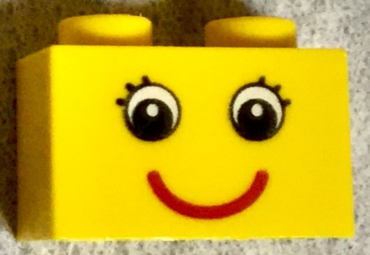 3004pb086 - Brick 1 x 2 with Eyes with Eyelashes and Red Smile Pattern