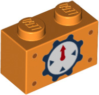 3004pb229 - Brick 1 x 2 with Red Pointer, Dark Blue Cog and Triangles Pattern