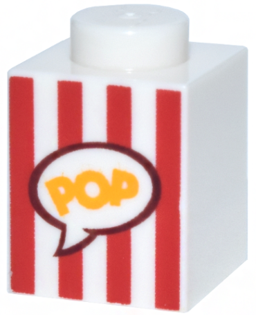 3005pb028 - Brick 1 x 1 with Red Vertical Stripes and Yellow 'POP' in Speech Bubble Pattern (Popcorn Box)