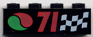 3010pb014 - Brick 1 x 4 with Octan Logo, Red '71', and White Checkered Flag Pattern