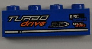 3010pb151L - Brick 1 x 4 with 'TURBO drive', 'DISC breakers' and 'ONE' Pattern Model Left Side (Sticker) - Set 8197