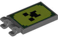 30350bpb098 - Tile, Modified 2 x 3 with 2 Clips with Black Pixelated Face on Lime and Green Background Pattern (Minecraft)