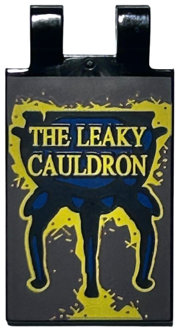 30350bpb142 - Tile, Modified 2 x 3 with 2 Open O Clips with Gold 'THE LEAKY CAULDRON' Sign Pattern