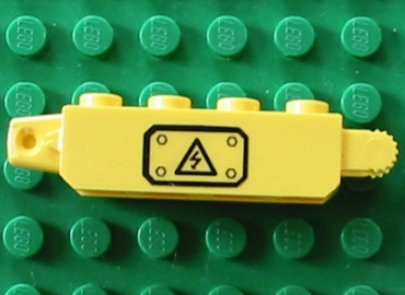 30387pb001La - Hinge Brick 1 x 4 Locking, 9 Teeth with Black Electricity Danger Sign on Transparent Background Pattern Model Left Side (Sticker) - Set 7248