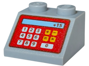 3039pb062 - Slope 45 2 x 2 with Red Cash Register and '+15' Pattern