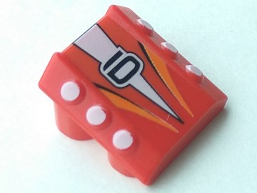 30603pb05 - Brick, Modified 2 x 2 No Studs, Sloped with 6 Side Pistons Raised and '6', White Triangle and Orange Stripes Pattern