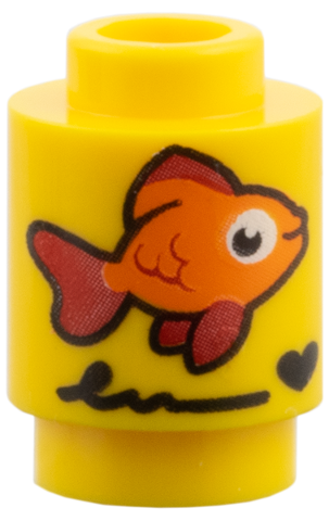 3062pb086 - Brick, Round 1 x 1 with Orange and Red Fish, Black Scribble and Heart Pattern