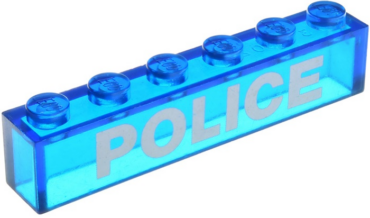 3067pb09 - Brick 1 x 6 without Bottom Tubes with White 'POLICE' Sans-Serif Bold Pattern